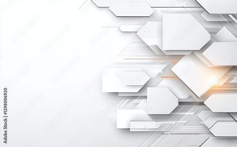 Poster this abstract design features a modern arrangement of white geometric shapes on a light background, 