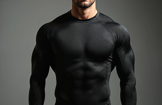 Muscular man in black compression thermo shirt with long sleeves, shows muscle definition. Sport fitness garment with wicking material, clean studio light highlights texture, design and silhouette. - Powered by Adobe