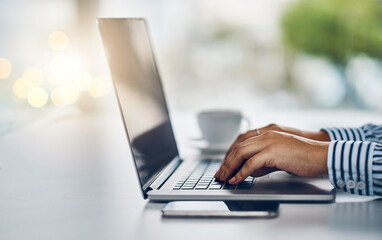 Laptop, research and hands of business person in office for typing, seo review and feedback mockup. Networking report, website and schedule with closeup of employee for connection, notes and email