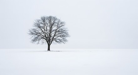 Solitary Tree Standing Tall in Snowy Winter Landscape Scene