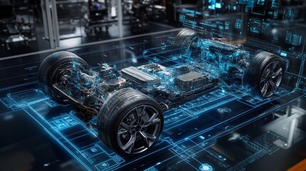 Futuristic ECU system visualized with dynamic holographic data, AI-enhanced control optimization