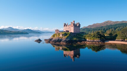 Historic castle reflection on lake in serene, scenic mountain landscape