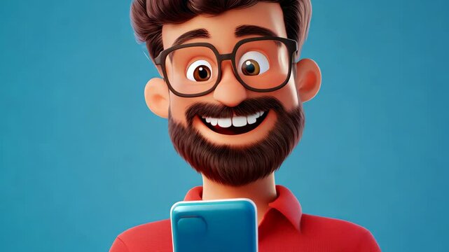 Smiling bearded man is using smartphone isolated on blue background. Happy guy using new app on mobile phone with copy space. Cartoon 3D style
