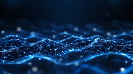 This abstract image showcases a vibrant blue digital network flowing like waves, representing advanced technology and data connections in a visually stunning manner.