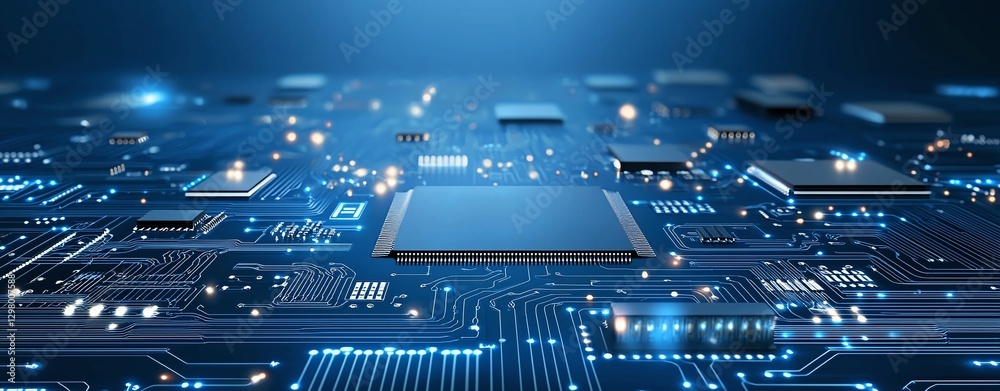 Poster this image depicts a close-up view of a modern microchip circuit board with intricate designs and gl