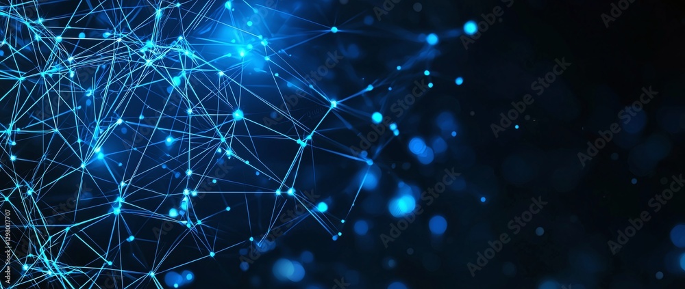 Poster this image features an abstract network of interconnected nodes glowing in blue, representing techno