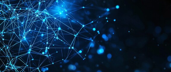 This image features an abstract network of interconnected nodes glowing in blue, representing technology, data, and digital communication. Perfect for tech-related projects.