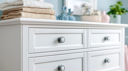 White dresser with stacked clothes in nursery