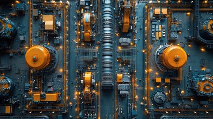 Aerial view of an industrial facility featuring machinery with bright orange components and illuminated surroundings.