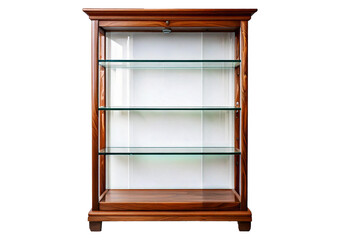 Elegant wooden display cabinet for home decor contemporary living room glass shelves. isolated on a transparent or white background.