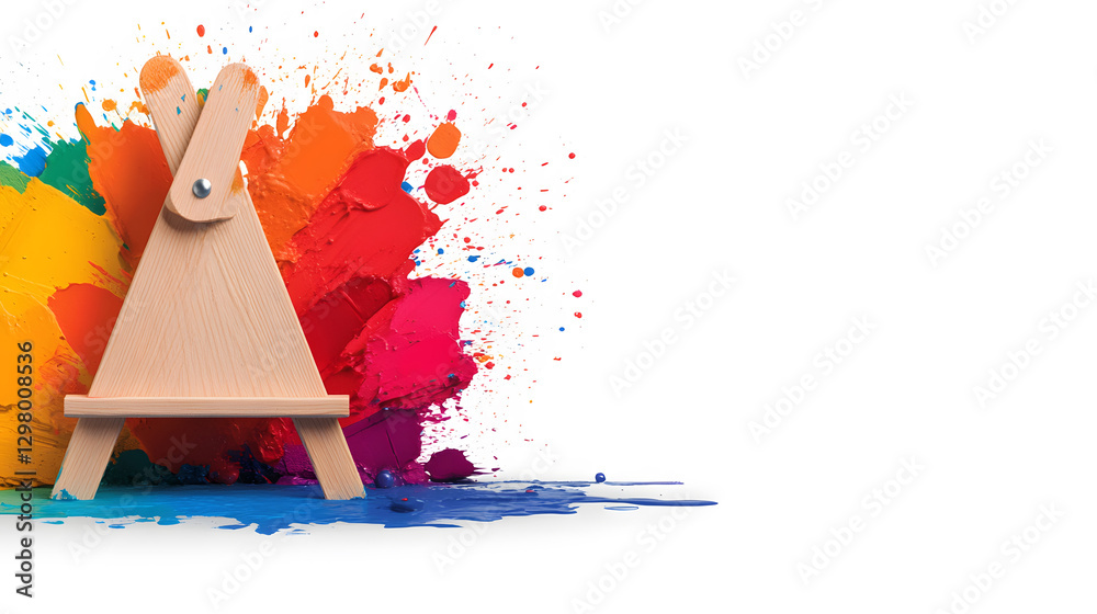 Poster wooden easel with colorful paint splashes in the background