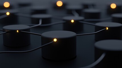 Group of black cylindrical objects arranged in a grid-like pattern on a dark surface. the objects appear to be connected by thin white wires, creating a network-like structure.