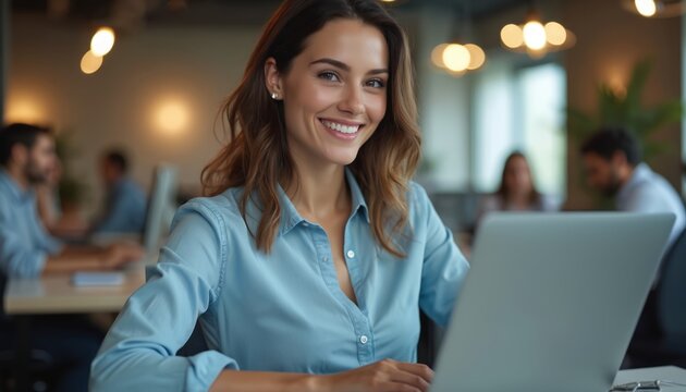 Close up portrait of smiling young woman working with laptop in office. Caucasian female businesswoman using computer, student learning online, employee pleased with successful job. Men working at