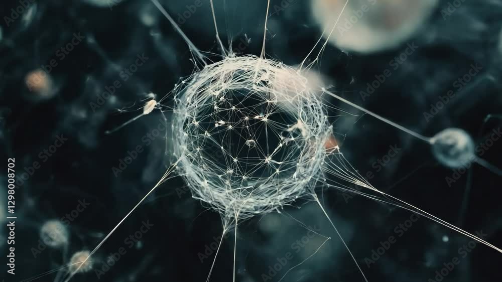 Poster exploring a network of interconnected spheres illustrating dynamic movements and relationships, netw