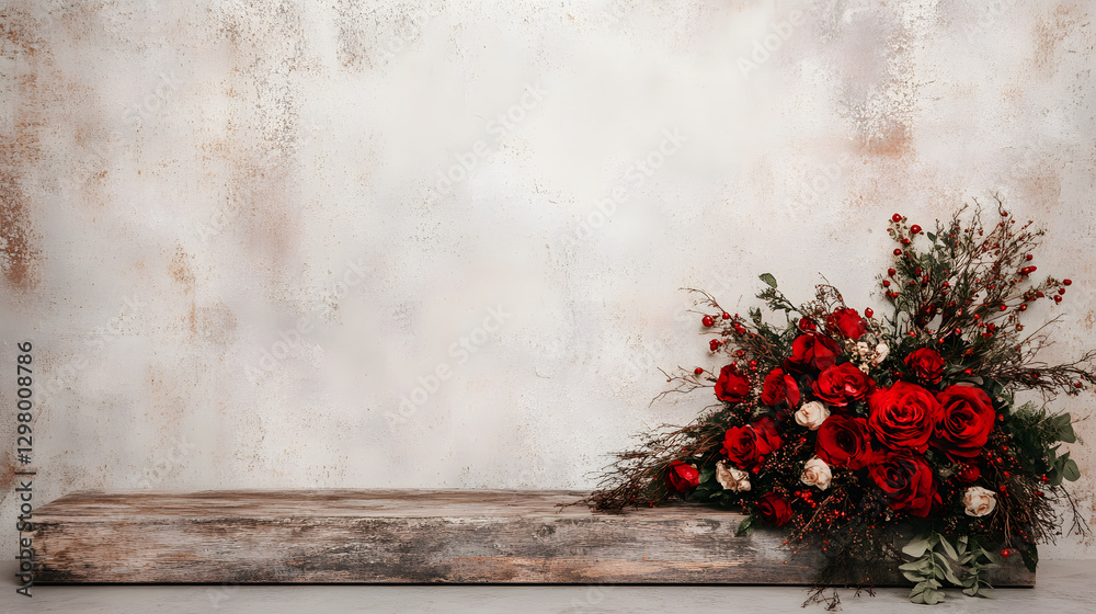 Poster bright red floral arrangement on a rustic log against a textured background