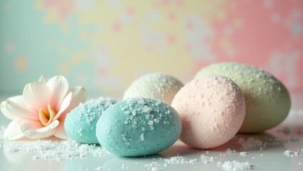 Deodorant Stone. Pastel blue pink white Easter eggs with delicate flower around, spring celebration holiday decoration, soft bokeh background, festive mood for greeting card or seasonal design