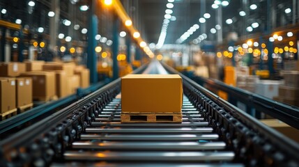 A close-up view of a yellow shipping box on a conveyor belt in a modern warehouse, showcasing organized logistics and storage technology.