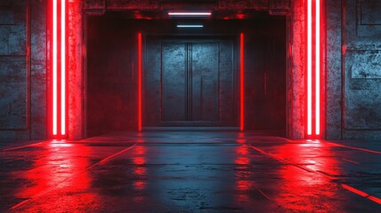 Sci Fi Futuristic Cyber Retro Gaming Showcase Product Garage Grunge Concrete Neon Laser Glowing Red Background Empty Hangar Studio Tunnel Background 3D Rendering Illustration