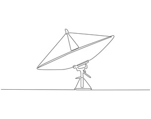 Continuous line drawing of satellite dish. Single line illustration of parabolic antenna. Radio, network, signal concept. Editable outline