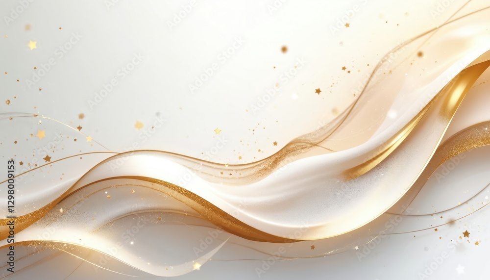 Poster Elegant abstract background with wavy gold lines subtle sparkling stars. Luxury white, gold curves create smooth motion, flow. Chic design with refined glow for decoration, bright presentation