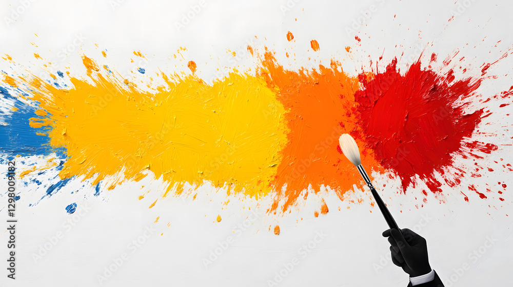 Poster vibrant paint splashes with a hand applying color on a white canvas