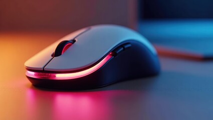 Ergonomic Mouse. Black computer mouse with red LED light on dark desk,