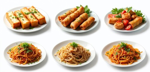 Set of Chinese vegetarian food on white background. Served spring rolls, spaghetti with parsley garnish on plates. Asian cuisine, healthy eating, Thai veggie food festival concept.