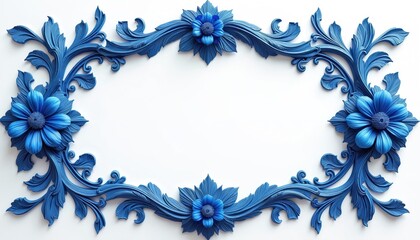 Intricate blue floral frame with ornate baroque style elements on white background. Elegant decorative border features classic refined design, symmetric antique decor, luxurious bold calligraphy
