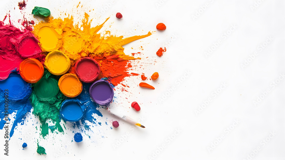 Poster colorful paint splatters with containers and a paintbrush on a white background
