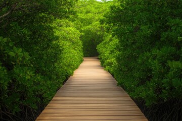 Obraz premium Serene wooden pathway winding through lush greenery invites expl