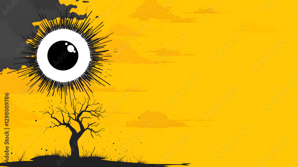 Poster abstract art featuring a large eye and a silhouette of a tree against a yellow background