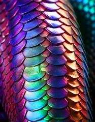 A snake’s smooth, iridescent scales, reflecting deep purples and vibrant hues, showcasing the intricate beauty and texture of its skin.