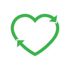 Green heart shape recycle icon, Recycling rotation arrow sign, Reusable ecological preservation, Eco friendly concept, Vector illustration