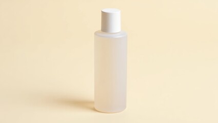 Exfoliating Toner. Matte white cylindrical cosmetic bottle with cap standing on soft beige surface, minimalist skincare product presentation, clean beauty routine, spa advertising background, natural