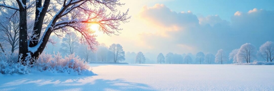 Snowy landscape with bare trees and frosty air , frost, landscape, winter - Powered by Adobe