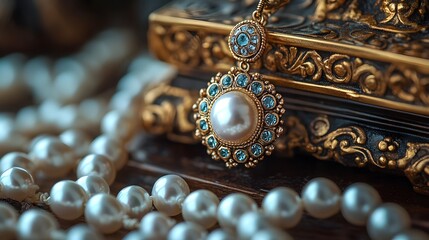 Fototapeta premium A Stunning Display of Vintage Jewelry Featuring Exquisite Art Deco Earrings in Radiant Gold and Luminous Pearl, Beautifully Arranged in a Still Life Closeup