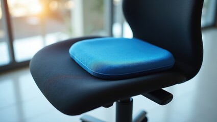 Gel Seat Cushion. Black office chair with blue memory foam cushion in
