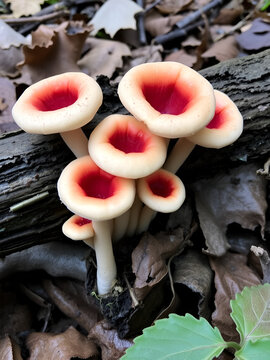 Sarcoscypha austriaca - a saprobic rare nonedible fungus known as the scarlet elfcup. Beige mushroom cups scarlet inside growing on a fallen tree branch between rotten leaves. Early spring in woods.