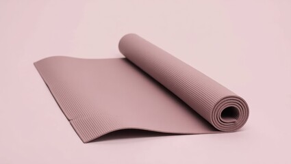 Foldable Yoga Mat. Light pink yoga mat partially rolled, fitness workout equipment, home gym or studio exercise accessory, soft pastel background, wellness health lifestyle concept calm peaceful desi