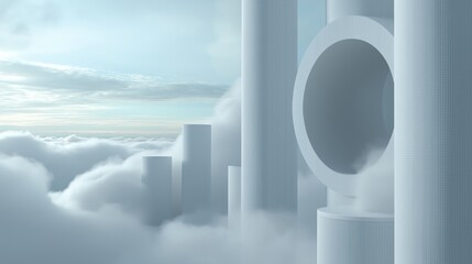 Digital illustration of a cityscape with tall buildings and skyscrapers in the background. the sky is filled with white, fluffy clouds and the horizon is visible in the distance.
