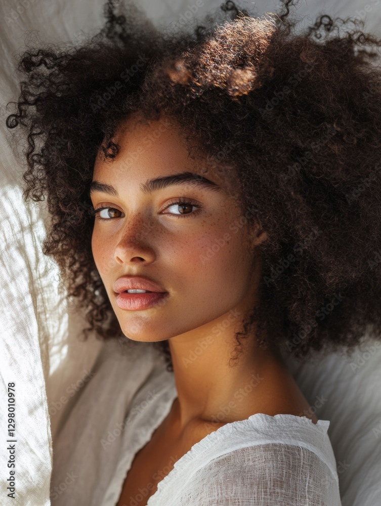 Aufkleber portrait of a young woman with curly hair in soft natural light creating an intimate and serene atmo