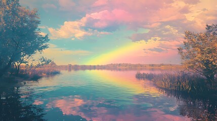 A peaceful river reflecting a vibrant rainbow stretching across the sky