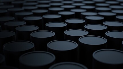 Large number of black cylindrical objects arranged in a grid-like pattern. the objects appear to be empty and are all the same size and shape.