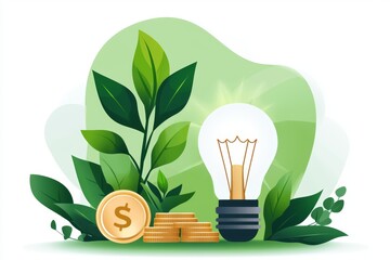 Green Leaves Plant Lightbulb and Coins Illustration