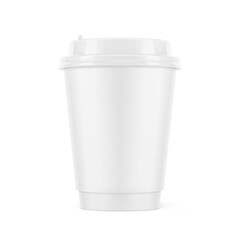 Realistic blank paper cup with double side wall and with plastic lid mockup. Coffee to go, take out mug. Vector illustration isolated on white background. EPS10.