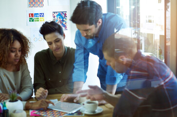 Business, collaboration and designer people in office with tablet for software development....