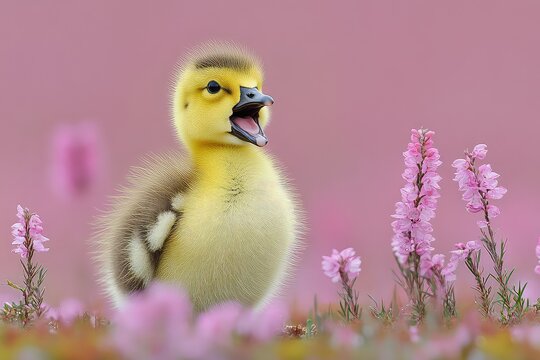 A cheerful gosling stands amidst vibrant pink flowers, basking in the warmth of springtime - Powered by Adobe