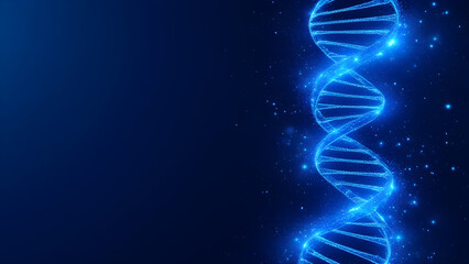 Obraz premium Futuristic holographic blue DNA double helix with digital particles swirling around, on a dark blue gradient background, copyspace for text.