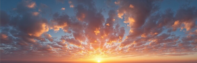 Obraz premium Golden sunset panorama with stratocumulus clouds. Seamless spherical equirectangular 360 degree view with setting sun, clear halo. Dome environment background for use in 3D graphics, drone images