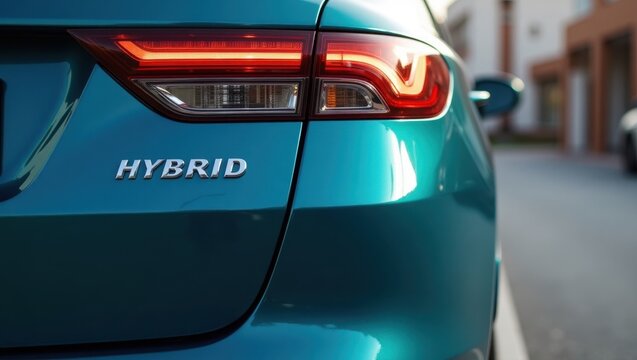 Hybrid Vehicle. Rear end of blue car with hybrid logo on it